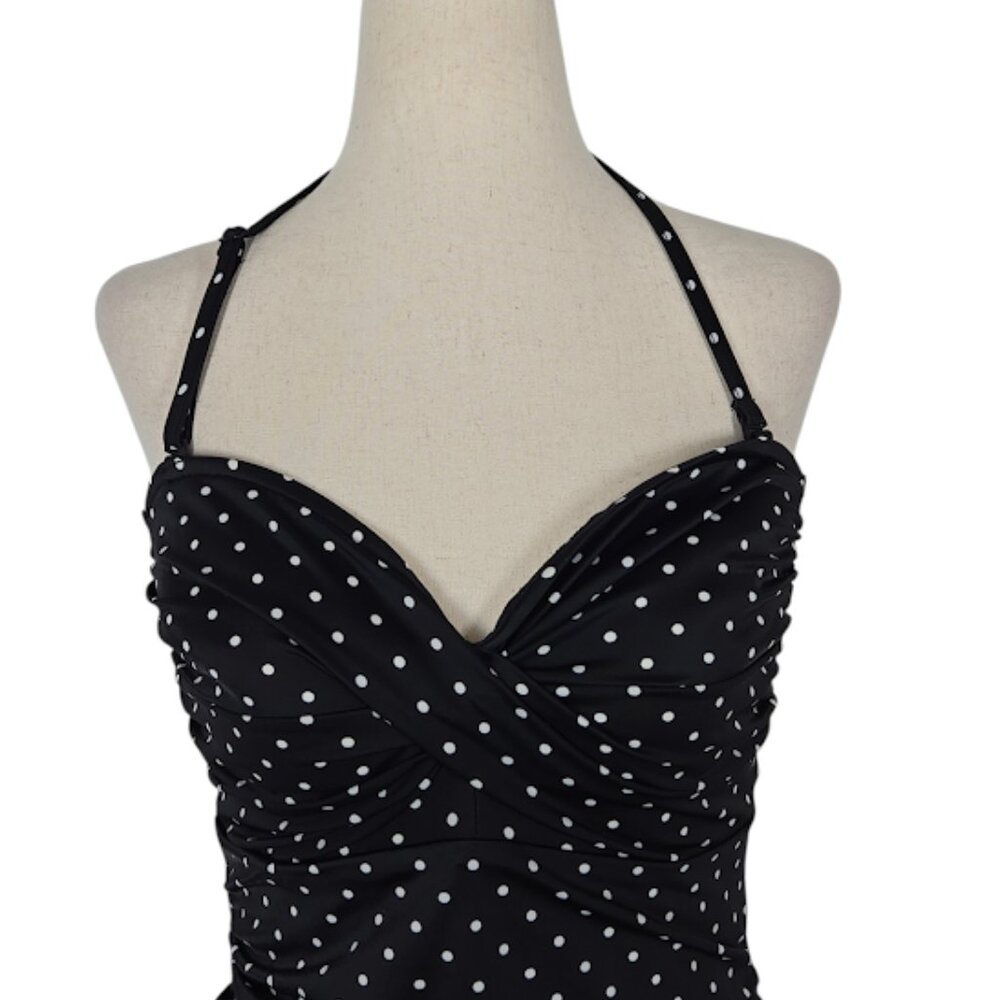 ASOS Slim Black & White Polka Dot Ruched One-Piece Swimsuit Halter Straps US 6 - Picture 3 of 8